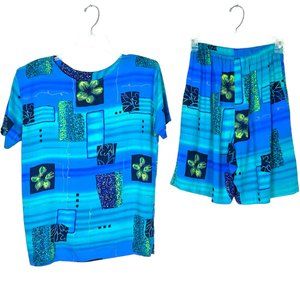 Vintage Risa Womens S 2-Piece Aqua Turquoise Short Sleeve Blouse Shorts Outfit‎
